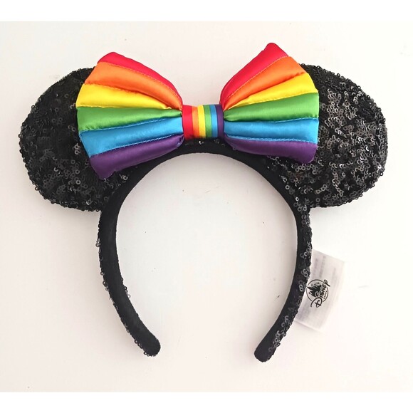 NEW Disney Parks Minnie Ears Rainbow Collection Headband Blk Sequins Multi Bow - Picture 1 of 6